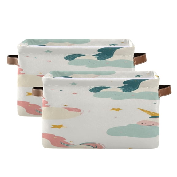 Cute Unicorns on Clouds Stars Pastel Square Storage Bins with Handles Collapsible Containing Box 2 Packs