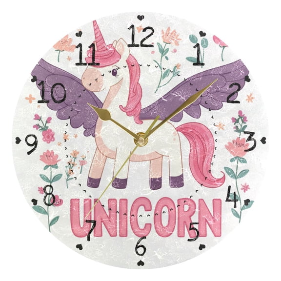 Cute Unicorns with Flowers Round Wall Clock Silent Analog Battery Operated Gold Pointer Home Decor 9.84" Diameter