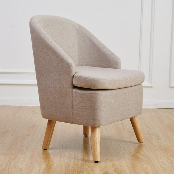 Cute Upholstered Accent Club Beige Chair with Barrel Style, Cotton Linen Like Fabric Round Single Sofa for Wooden Leg Living Room Bedroom
