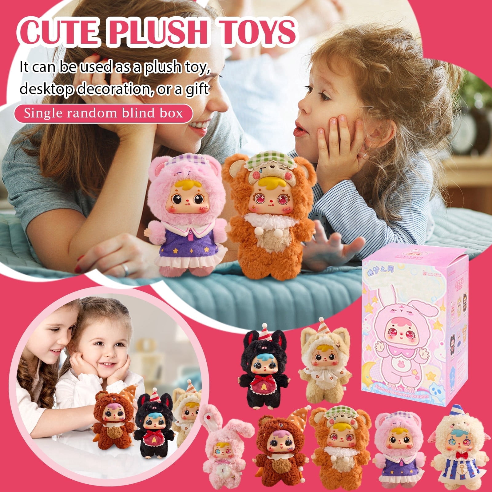 Cute V6 Plush Blind Box, Cute Mystery Stuffed Toys for Kids and Collectors, 1 of 7 Possible Styles, Surprise Birthday Gift for Teens Girls and Adults (Single Box)