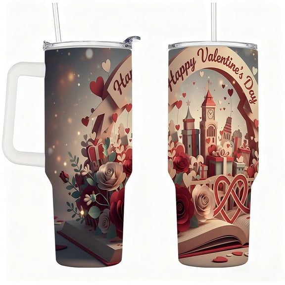 Cute Valentine City Garden Design Insulated Coffee Cup with Handle, Stainless Steel Hot Cold Tumbler, Anniversary & Love Gift
