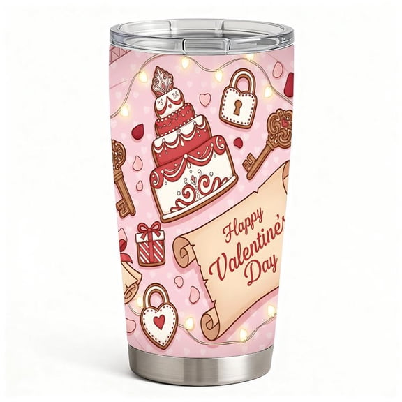 Cute Valentine Dessert Tumbler, Lock & Key of Love Print, Leak-Proof Stainless Steel Travel Mug, Gift for Couples