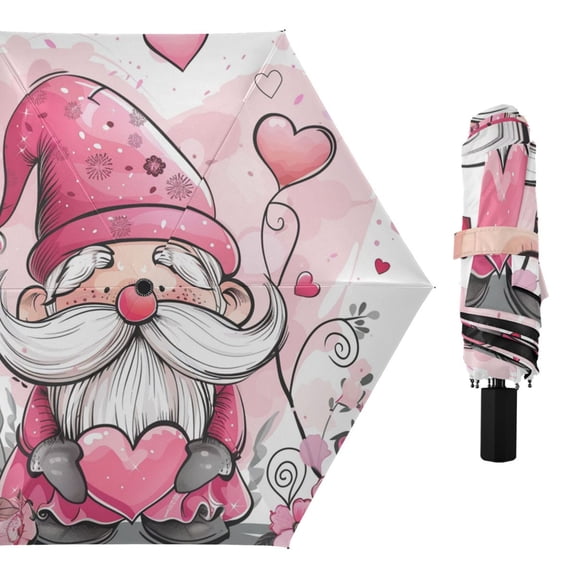 Cute Valentine Gnome Heart Flower Cartoon All Weather Umbrella Triple Folding Parasol 6 Ribs UV Protection Portable