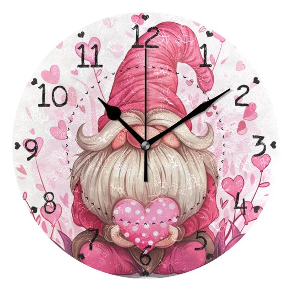 Cute Valentine Gnome with Heart Cartoon Round Wall Clock Silent Analog Battery Operated Black Pointer Home Decor 9.84" Diameter