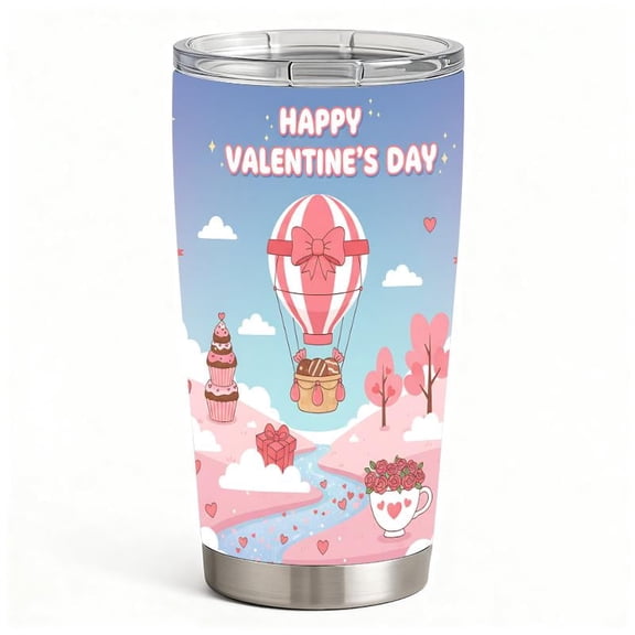 Cute Valentine Hot Air Balloon Tumbler, Stainless Steel Insulated Travel Mug with Lid, Pink Hearts & Gift Design, Romantic Gift for Her