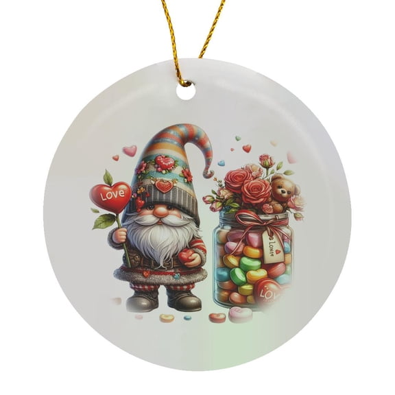 3drose, Cute Valentine Love Gnome with a Jar of Candy and Flowers, Circle Porcelain Ornament