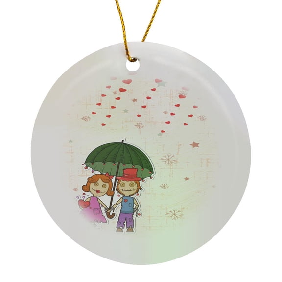 3drose, Cute Valentine Voodoo Dolls Couple under Umbrella Showered with Hearts Rain Love, Circle Porcelain Ornament
