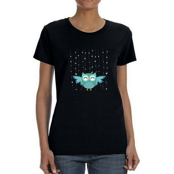 Cute Valentine's Blue Owl Graphic And Hearts Around Women Black T-Shirt, Female x-Large