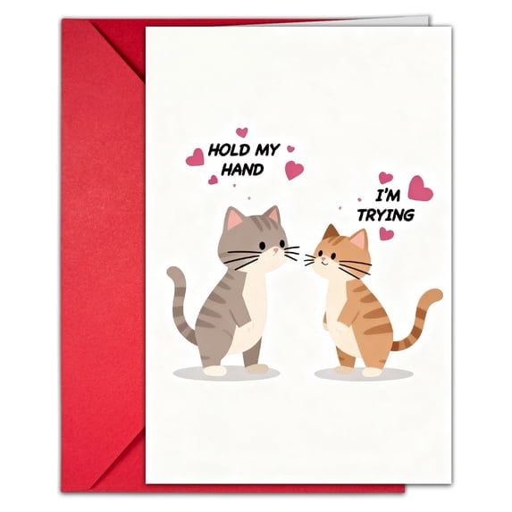 Cute Valentine's Day & Anniversary Greeting Card for Couples, Unisex-Adults, Red, 7x4.7 inches,Cute Penguin/Dog Card for Couples,HOLD MY HAND,I'M TRYING