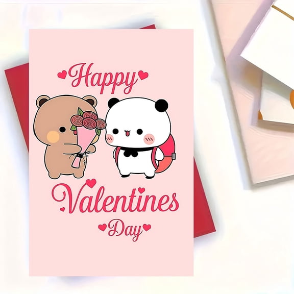 Cute Valentines Day Card with Adorable Bear and Panda "Happy Valentines Day" Perfect for Sweethearts and Friends Envelope Included, Blank Inside