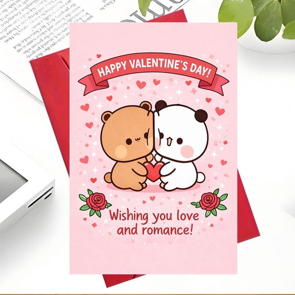 Cute Valentine's Day Card Adorable Bear and Panda Design Envelope Included, Blank Inside Perfect for Expressing Love and Romance