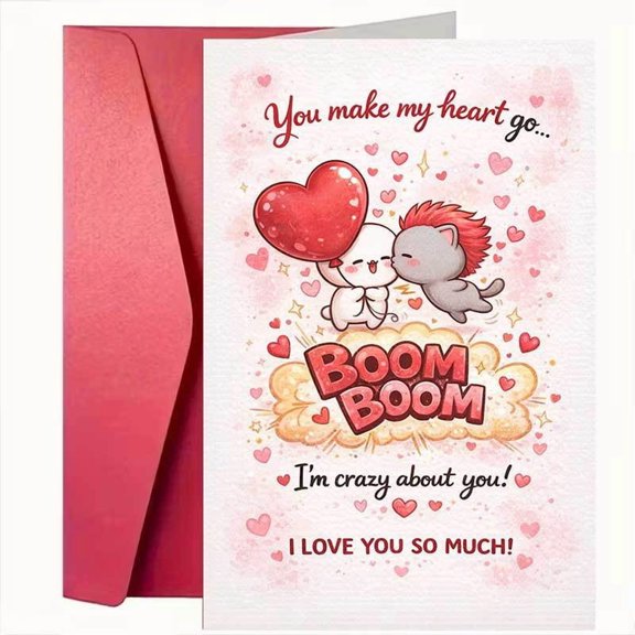 Cute Valentines Day Card  "You Make My Heart Go Boom Boom" Design  Envelope Included  Perfect for Expressing Love and Affection