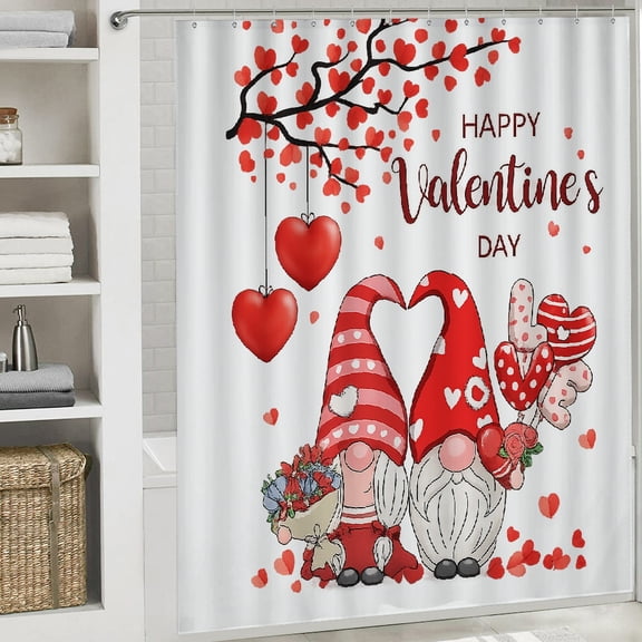 Cute Valentine's Day Shower Curtain Valentines Gnomes Romantic Couple Lover Cartoon Flower Cute Red Hearts waterproof shower curtain Bathroom Shower Curtain Set with Hooks, 72x72in
