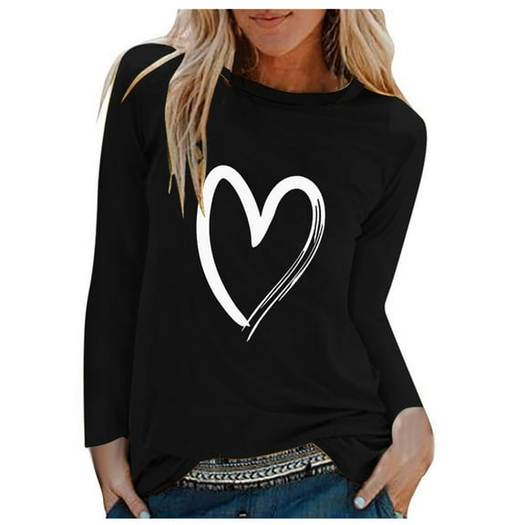 Cute Valentine's Day T Shirts Gifts for Women Love Heart Print Tops Crewneck Long Sleeve Graphic Tee Tops Mother's Day