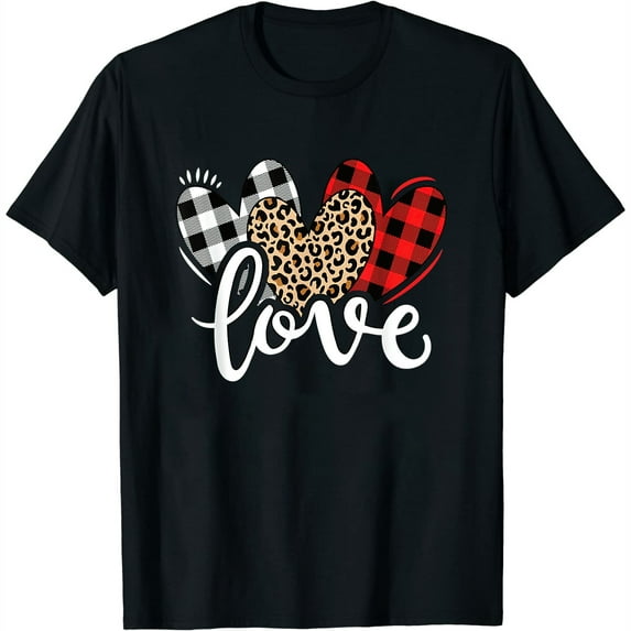Cute Valentines Day Leopard Plaid Love Heart Women Girls T-Shirt Black Medium