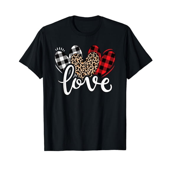Cute Valentines Day Leopard Plaid Love Heart Women Girls T-Shirt