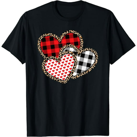 Cute Valentines Day Leopard Plaid Love Heart Women Girls T-Shirt