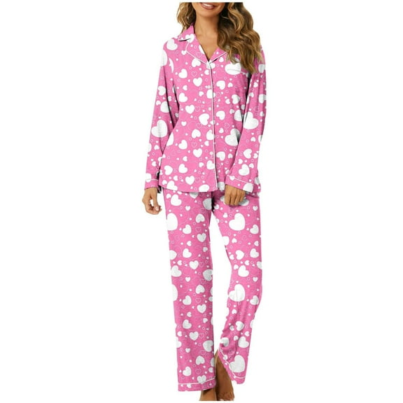 Cute Valentines Heart Print Womens Pajama Set Button Down Long Sleeve Top and Pants Spring Loungewear 2 Piece Pajama Set for Women Set Womens Pajama Sets Shorts Light Pink XXL