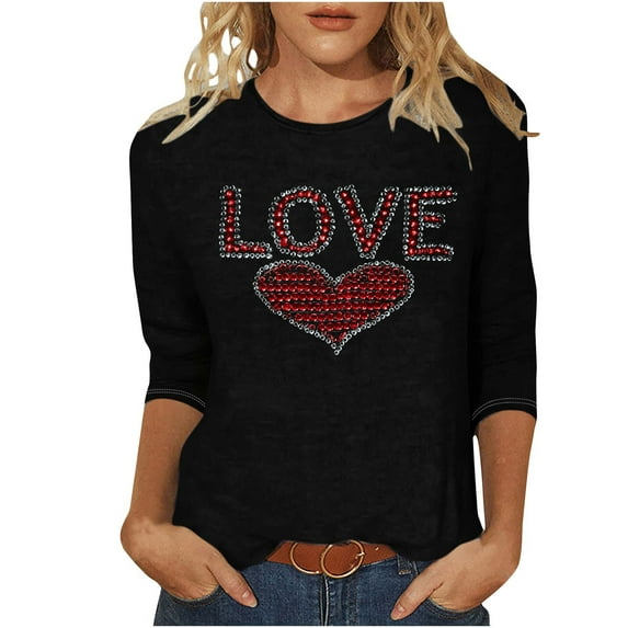 Cute Valentines Shirts for Women Fashion Rhinestone Bowknot Print Tee Dressy Casual 3/4 Sleeve Tops