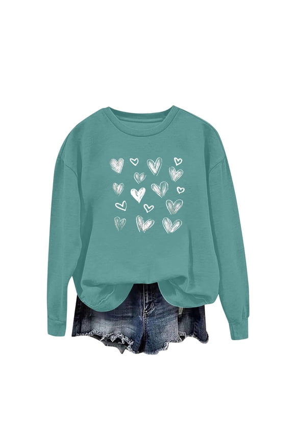 Cute Valentines Sweatshirt Women Heart Print Graphic Crew Neck Blouse Shirt Graphic Valentine'S Long Sleeve Tops Love Heart Elbow Patch Shirts