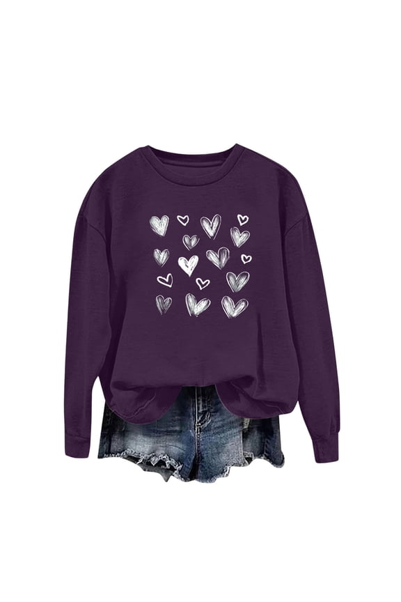 Cute Valentines Sweatshirt Women Heart Print Graphic Crew Neck Blouse Shirt Graphic Valentine'S Long Sleeve Tops Love Heart Elbow Patch Shirts