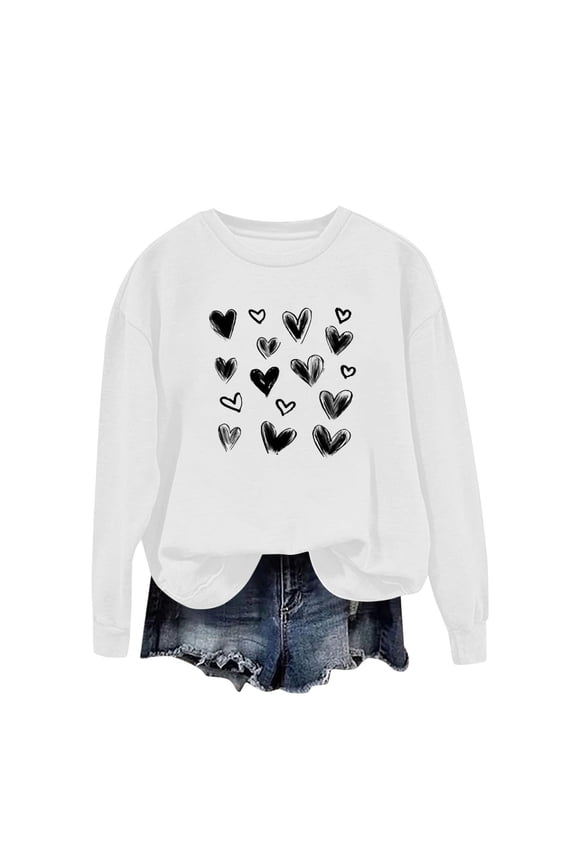 Cute Valentines Sweatshirt Women Heart Print Graphic Crew Neck Blouse Shirt Graphic Valentine'S Long Sleeve Tops Love Heart Elbow Patch Shirts