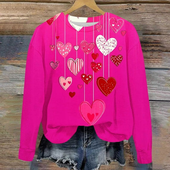 Cute Valentines Sweatshirts for Women, Heart Print Sweatshirts, Womens Long Sleeve Sweatshirts Casual Round Neck Pullover Tops Valentine's Day Long Sleeved Fashionable Printed Sweatshirt