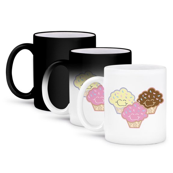 3dRose, Cute Vanilla Strawberry Chocolate Cupcakes, 11oz Magic Transforming Mug