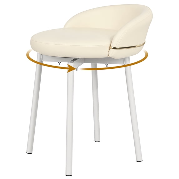 Cute Vanity Chair with Gold Bese, Makeup Desk Chair with Low Back for Small Space, Leather Modern Vanity Stool for Bedroom Dress Room, White(Rotatable)