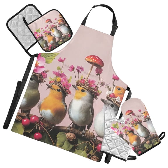 Cute Various Birds Oven Mitts and Pot Holders with Chef Apron Set 5 Pcs Kitchen Cooking Set