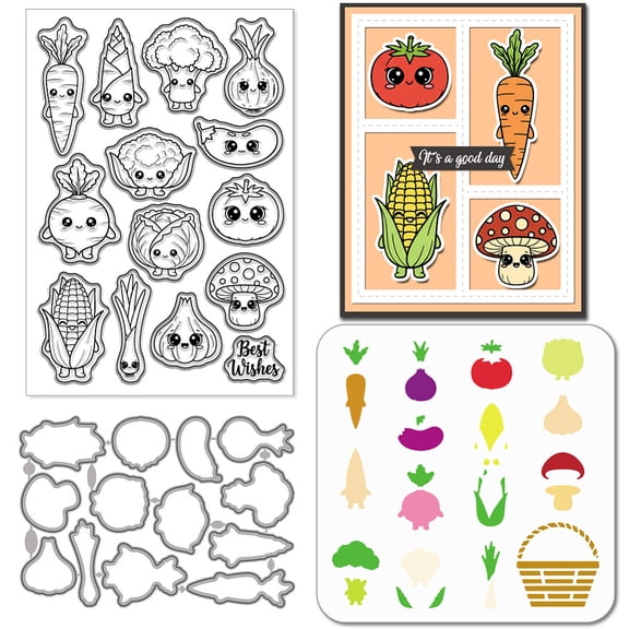 Cute Vegetables Silicone Clear Stamp Cartoon Plant Stuff Cutting Dies PET Painting Stencils Template Set
