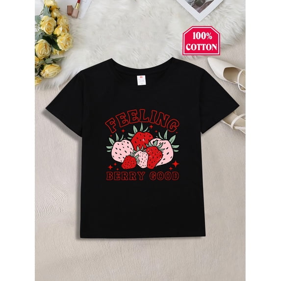 Cute Vibrant Red 100% Cotton Girls' T-Shirt with Strawberry Print - Casual, Comfy Short Sleeve Crew Neck Top - Ideal Holiday Gift for Youngsters