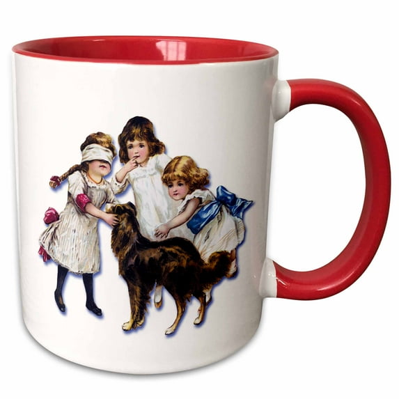 3drose, Cute Victorian Children Playing with a Collie Dog, 11oz Two-tone Red Mug