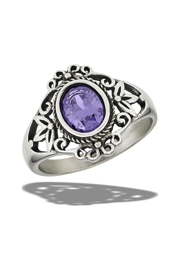 Cute Victorian Cocktail Simulated Amethyst Ring Stainless Steel Band Purple CZ Female Size 10