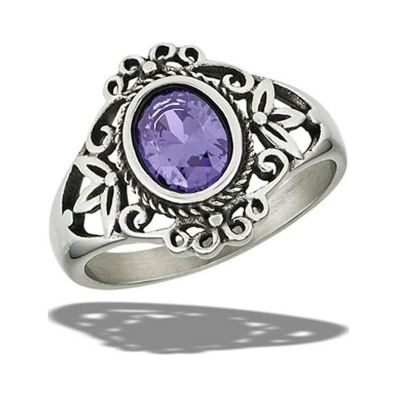 Cute Victorian Cocktail Simulated Amethyst Ring Stainless Steel Band Purple CZ Female Size 7