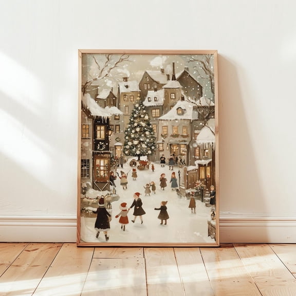 Cute Village Wall Art Neutral Winter Seasonal Decor, Unframed Paper Print Size 8x12