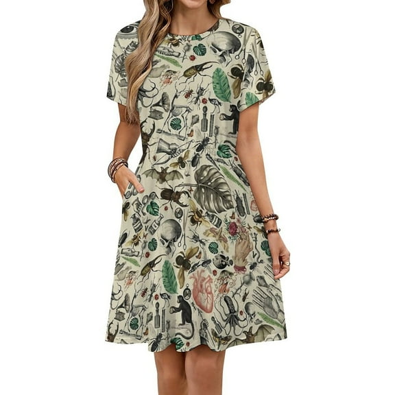 Cute Vintage Bug Pattern Dress Summer Street Style Dresses Female Short Sleeve Printed Sundress