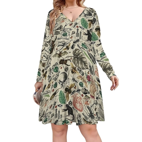 Cute Vintage Bug Pattern Long Sleeve Dresses For Women Vintage Elegant Party Dress Oversized V-neck Dress S-8XL