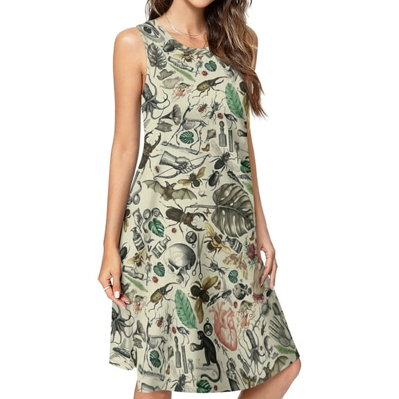 Cute Vintage Bug pattern Spring Summer Dresses for Women Fashion T-shirt Dress Casual Sleeveless Loose Sundress with Pockets