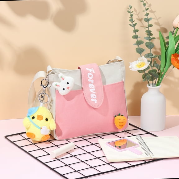 Dayup Vintage Canvas Crossbody Bag with Keychain, Pink