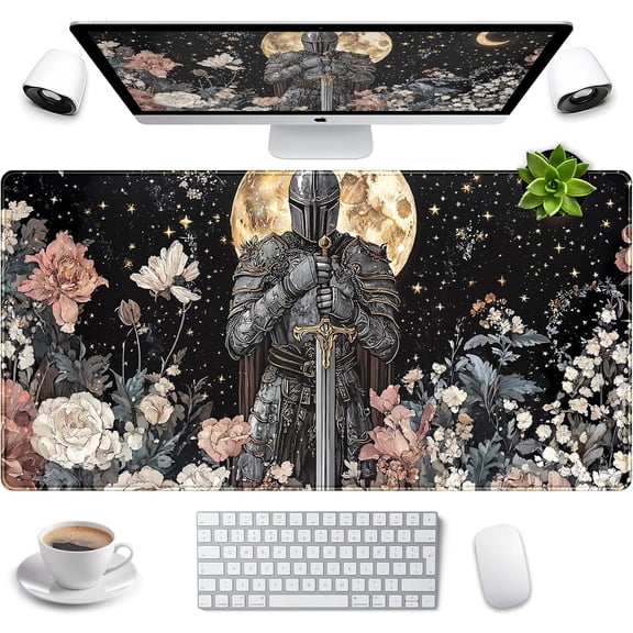 Cute Vintage Floral Mouse Pad Warrior Gaming Desk Mat Retro Flowers Mousepad XXL Large Extended Boho Aesthetic Desk Pad, Laptop Computer Keyboard Mouse Mat, Desktop Pad Mat for Women 31.5x15.7 in