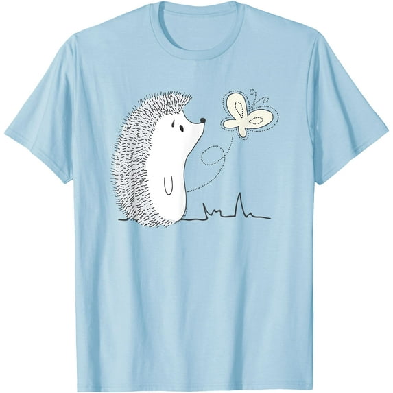 Cute Vintage Hedgehog & Butterfly Simple Art Unisex T-Shirt for Men Women Kids Toddler,Light Blue Color,Size 3T
