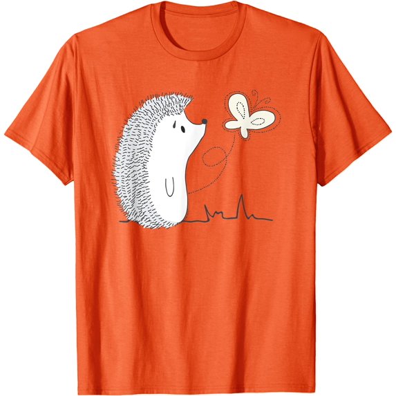 Cute Vintage Hedgehog & Butterfly Simple Art Unisex T-Shirt for Men Women Kids Toddler,Orange Color,Size YS