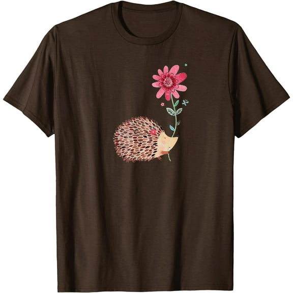 Cute Vintage Hedgehog & Flower Art Unisex T-Shirt for Men Women Kids Toddler,Dark Chocolate Color,Size M