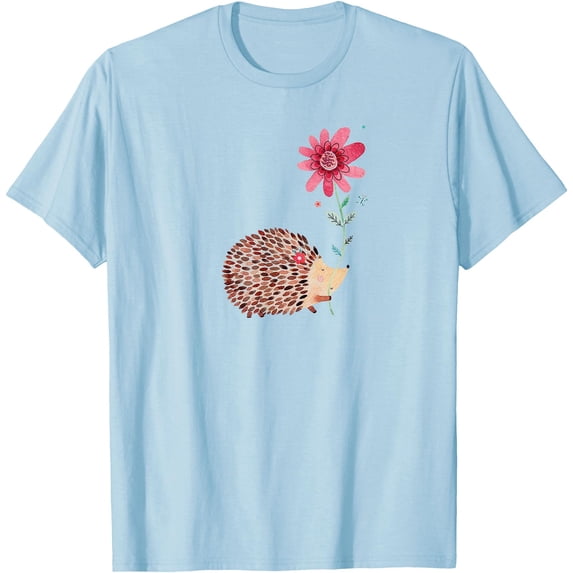 Cute Vintage Hedgehog & Flower Art Unisex T-Shirt for Men Women Kids Toddler,Light Blue Color,Size 2T