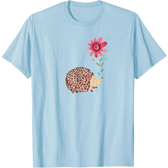 Cute Vintage Hedgehog & Flower Art Unisex T-Shirt for Men Women Kids Toddler,Light Blue Color,Size 4T