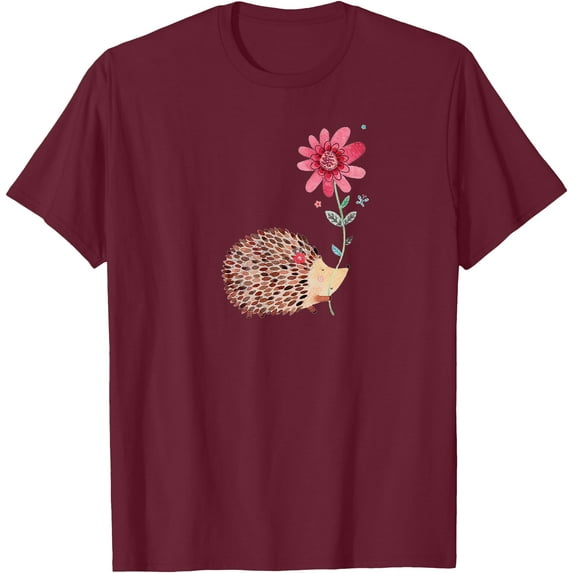 Cute Vintage Hedgehog & Flower Art Unisex T-Shirt for Men Women Kids Toddler,Maroon Color,Size M