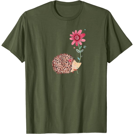 Cute Vintage Hedgehog & Flower Art Unisex T-Shirt for Men Women Kids Toddler,Military Green Color,Size M