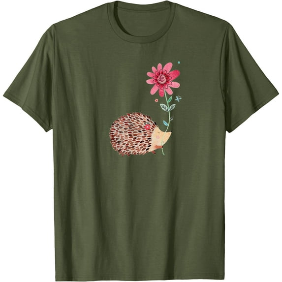 Cute Vintage Hedgehog & Flower Art Unisex T-Shirt for Men Women Kids Toddler,Military Green Color,Size YXL