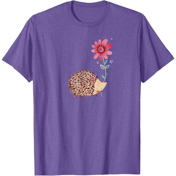 Cute Vintage Hedgehog & Flower Art Unisex T-Shirt for Men Women Kids Toddler,Violet Color,Size L